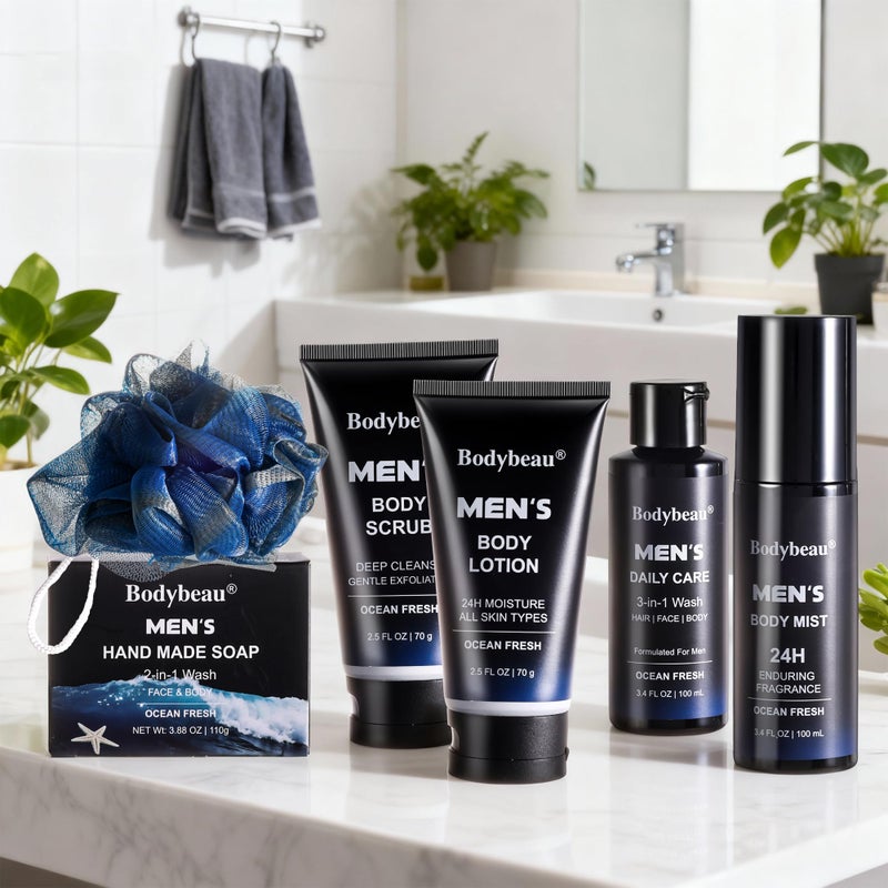 Bodybeau مجموعة هدايا سبا الجسم والاستحمام للرجال من بوديبو - مجموعة من 7 قطع تتضمن غسولًا يوميًا 3 في 1، وصابونًا مصنوعًا يدويًا 2 في 1، وحقيبة سفر - هدايا عيد الأب/عيد الميلاد/عيد الميلاد للأب، الزوج، الابن من العائلة - Image 3